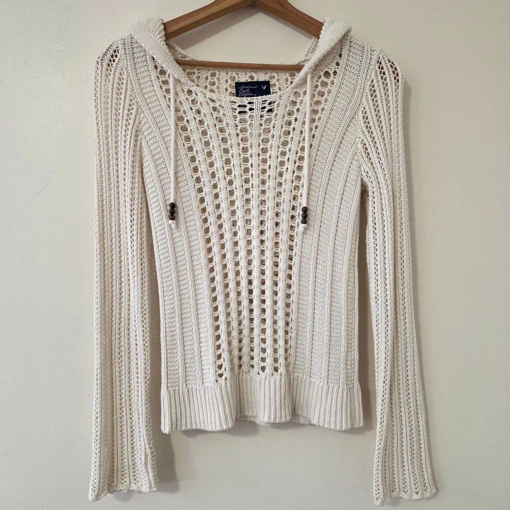American Eagle‎ Open Knit Boho Hoodie Sz M Fitted Flare Sleeve Y2K Preppy Hippie